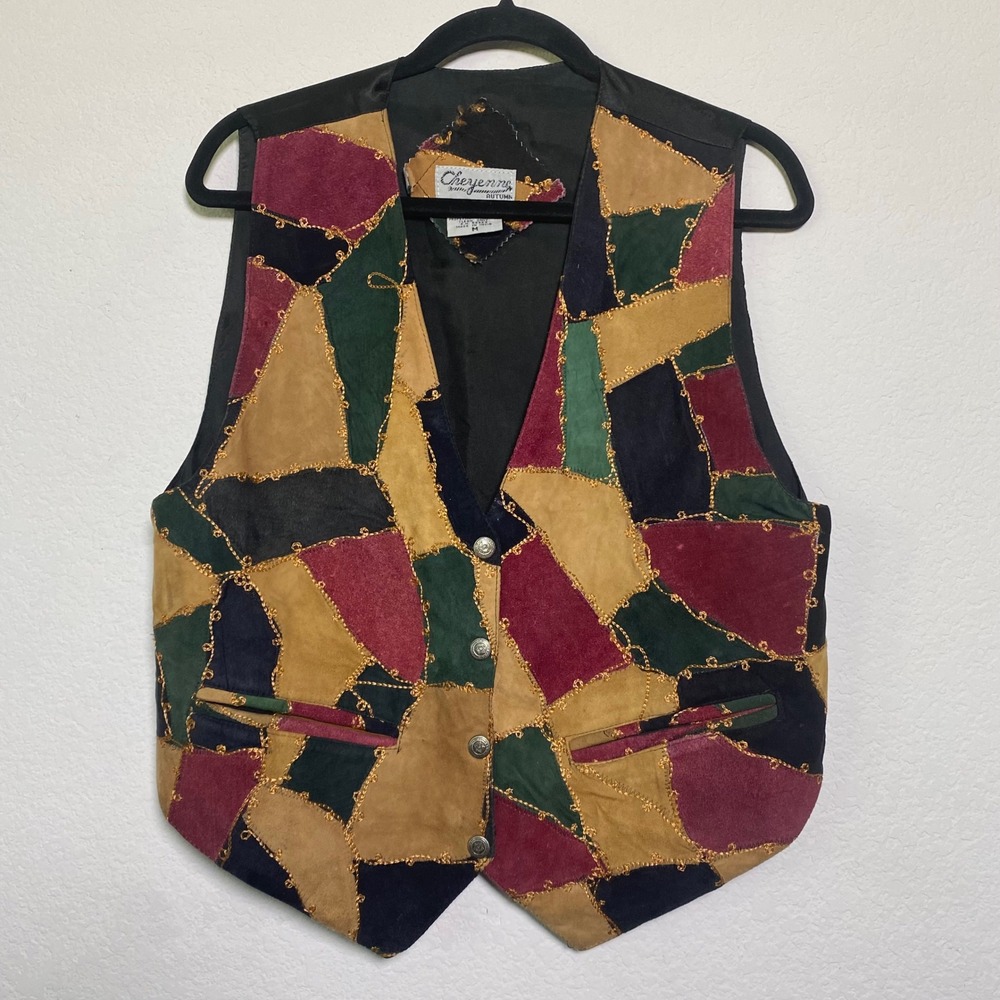 Vintage Cheyenne‎ Autumn Genuine Leather Patchwork Vest Womens Medium Multicolor